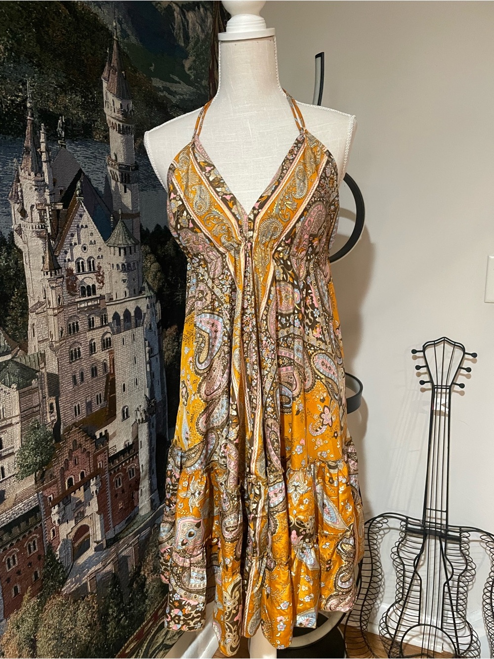 Boho Paisley Tiered Dress in Warm Yellow